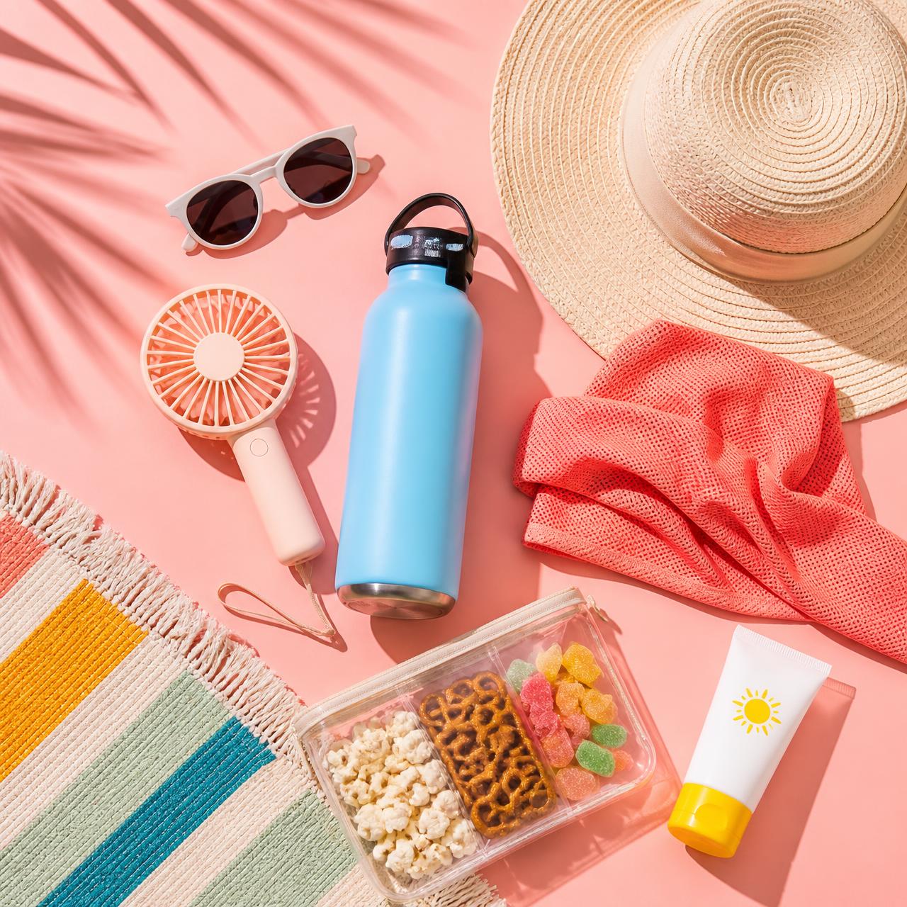 Colorful theme park day essentials on a peach background